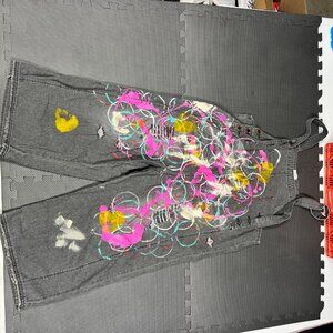 Hand-Painted Distressed Gray Denim Overalls With Abstract Art Details & Button C